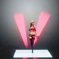 Blonde Female Character And Mythical Creature Standing On Glowing White Platform With Pink Light Beams Red Top Black Boots