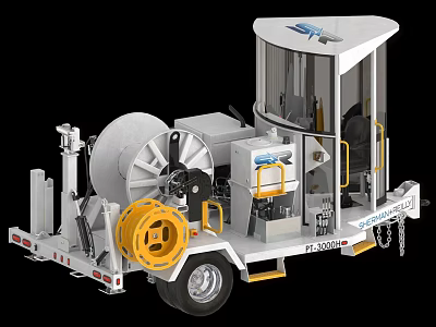 Trailer Mounted Industrial Equipment With Enclosed Control Cabin Yellow Winch Reel And Mechanical Wheels 3d model