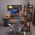 Gaming Desk Setup With Ergonomic Chair Computer Monitor RGB PC Case And Decorative Shelf