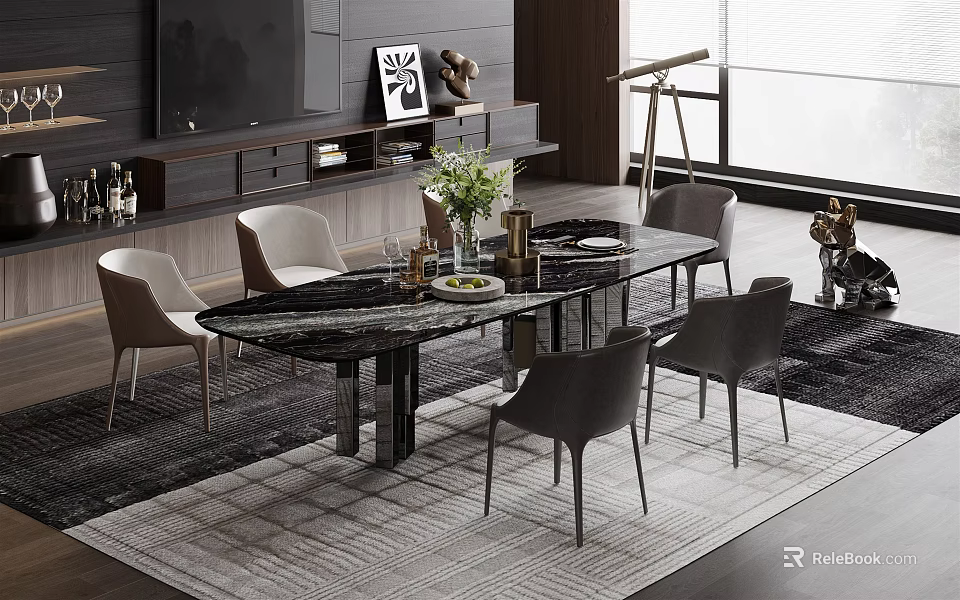 Elegant Modern Restaurant Interior With Marble Dining Table Gray Chairs And Decorative Vase 3d model 