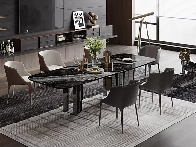 Elegant Modern Restaurant Interior With Marble Dining Table Gray Chairs And Decorative Vase 3d model