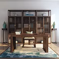 Traditional Chinese Wooden Desk with Bookshelf Chair Vase and Area Rug