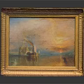 Vintage Oil Painting With Golden Frame Sunset Seascape And Ship Reflections