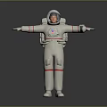 Man Wearing White Astronaut Suit With Red Stripes Arms Outstretched On Gray Background