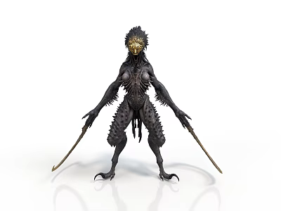 Black Spiked Fantasy Creature 3D Model With Golden Head And Spears 3d model