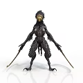 Black Spiked Fantasy Creature 3D Model With Golden Head And Spears