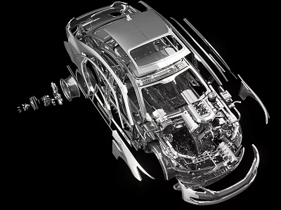 Car Showroom Showcasing Disassembled Silver Car With Transparent Structure And Components 3d model