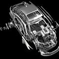 Car Showroom Showcasing Disassembled Silver Car With Transparent Structure And Components 3d model