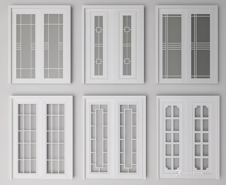 White Sliding Doors with Various Glass Panel Patterns for Home Interior 3d model