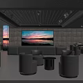 KTV Interior With Large Screen Black Furniture Stone Walls Ceiling Grille And Sunset View Windows