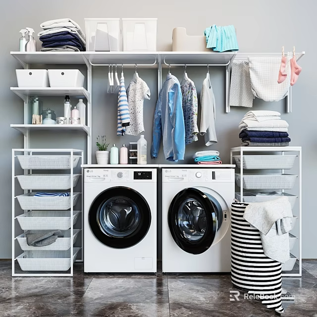 Laundry Room Organization With Washing Machines Hanging Clothes And Storage Shelves 3d model 