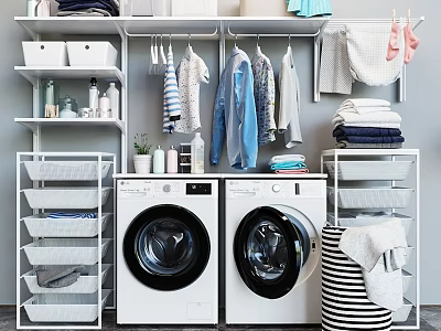 Laundry Room Organization With Washing Machines Hanging Clothes And Storage Shelves 3d model