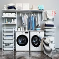 Laundry Room Organization With Washing Machines Hanging Clothes And Storage Shelves