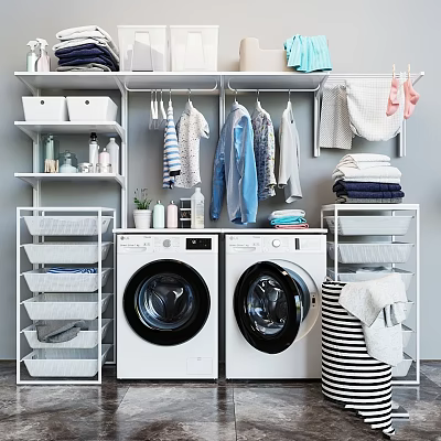 Laundry Room Organization With Washing Machines Hanging Clothes And Storage Shelves 3d model
