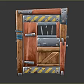 Wooden Door With Red Panels Yellow Stripes Metal Hinges And Blue Tape