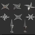 Traditional Ninja Throwing Weapons Collection Including Star Shaped Shuriken and Metal Daggers