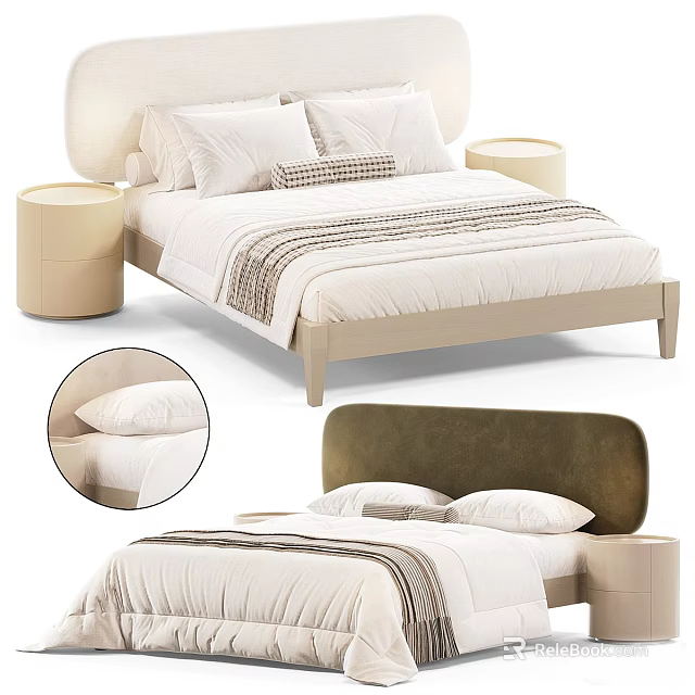 Modern Beige Upholstered Double Bed with Round Nightstands Striped Bedspread and Pillows 3d model 