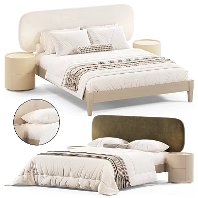 Modern Beige Upholstered Double Bed with Round Nightstands Striped Bedspread and Pillows 3d model