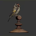 Red Headed Bird With Yellow And Black Feathers Perched On Wooden Stand With Circular Base
