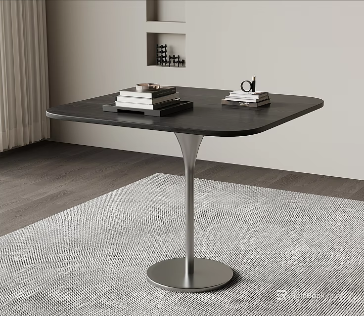 Modern Dining Table Set With Black Square Top Silver Metal Base And Gray Rug 3d model 
