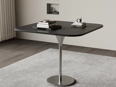 Modern Dining Table Set With Black Square Top Silver Metal Base And Gray Rug 3d model