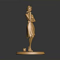 Golden Female Statue Standing On Circular Base With Hand Near Face