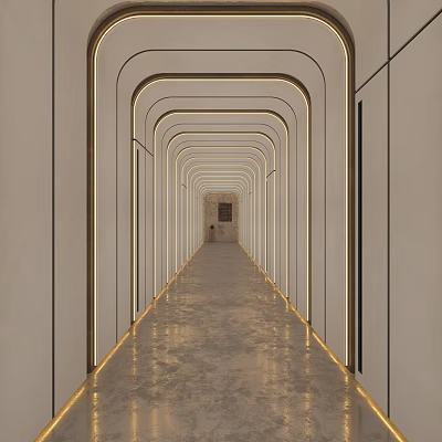 Modern Elevator Corridor Interior Featuring Continuous Arched Design Sleek Lighting And Polished Floor 3d model