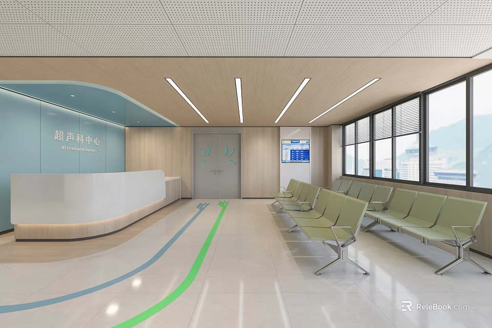Hotel Lobby Interior With Reception Desk Green Guiding Line Wooden Ceiling And Large Windows 3d model 