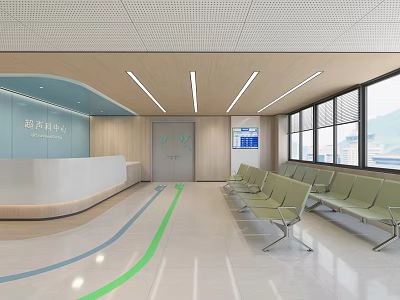 Hotel Lobby Interior With Reception Desk Green Guiding Line Wooden Ceiling And Large Windows 3d model