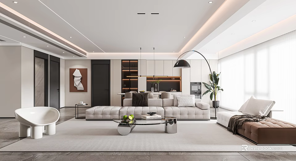 Modern Living and Dining Room Interior With Sofa Coffee Table Floor Lamp And Plant 3d model 
