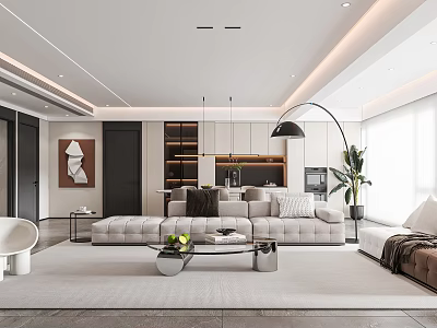 Modern Living and Dining Room Interior With Sofa Coffee Table Floor Lamp And Plant 3d model