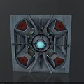 Futuristic Sci Fi Metal Panel With Central Blue Glowing Sphere And Red Fan Shaped Structures