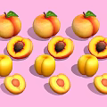 Fresh Juicy Peaches Whole And Halved With Green Leaves On Pink Background