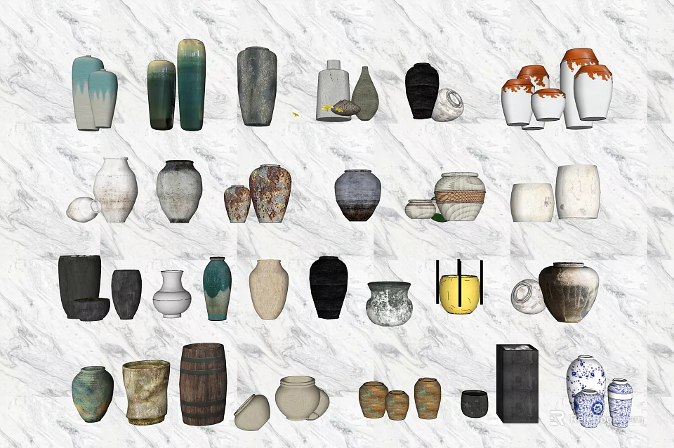 Assorted Ceramic Vessels With Different Shapes And Colorful Designs For Home Decor 3d model 