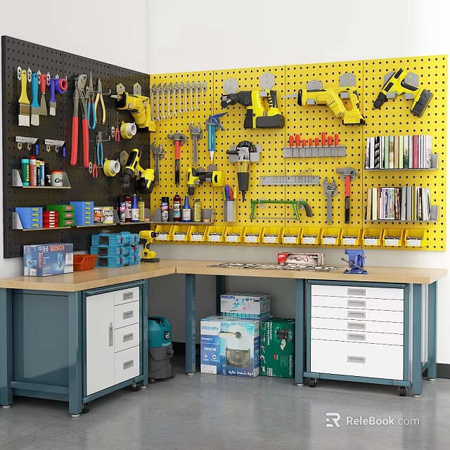 Yellow Pegboard Tool Display Rack Organizing Tools With Workbench Drawers And Storage 3d model 