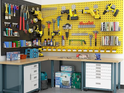 Yellow Pegboard Tool Display Rack Organizing Tools With Workbench Drawers And Storage 3d model