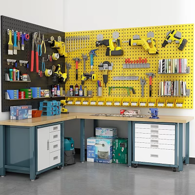 Yellow Pegboard Tool Display Rack Organizing Tools With Workbench Drawers And Storage 3d model