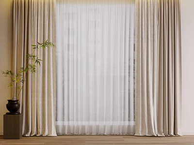 Beige Curtains With White Sheer Panels And Decorative Plant By Window 3d model
