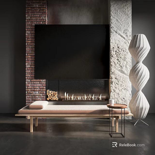 Modern Sofa Bench With Light Wood Frame And Beige Cushion Near Brick Fireplace Black TV 3d model 