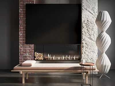 Modern Sofa Bench With Light Wood Frame And Beige Cushion Near Brick Fireplace Black TV 3d model