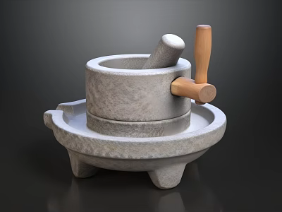 Stone Mortar And Pestle With Wooden Handle On Base Tray Design 3d model