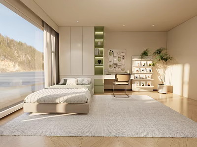 Modern Tatami Bedroom With Natural Light Floor to Ceiling Window And Green Plant 3d model