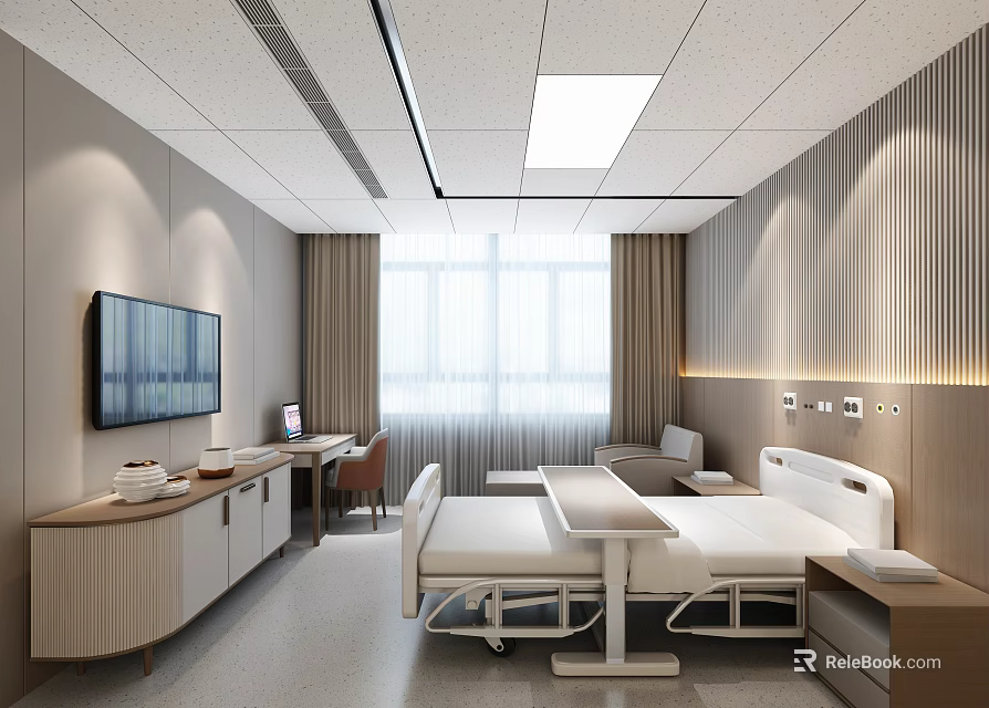 Hospital Outpatient Room Interior With Medical Bed TV Desk Chair And Window Curtains 3d model 