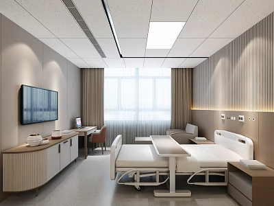 Hospital Outpatient Room Interior With Medical Bed TV Desk Chair And Window Curtains 3d model