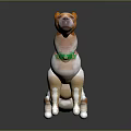 Brown and white sitting dog 3D model with green decorative collar on grey background