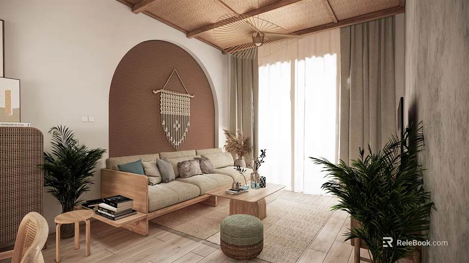 Cozy Apartment Living Room With Beige Sofa Green Plants Macramé Hanging Woven Rug And Sunlight 3d model 