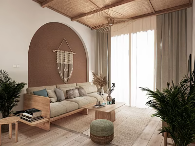 Cozy Apartment Living Room With Beige Sofa Green Plants Macramé Hanging Woven Rug And Sunlight 3d model