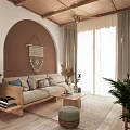 Cozy Apartment Living Room With Beige Sofa Green Plants Macramé Hanging Woven Rug And Sunlight