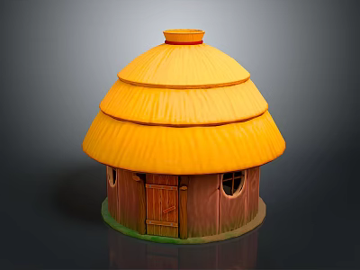 Traditional Wooden Hut With Yellow Multi Layered Straw Roof And Round Windows 3d model
