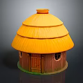 Traditional Wooden Hut With Yellow Multi Layered Straw Roof And Round Windows